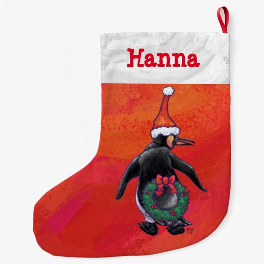 Pinguin in Weihnachtsmannmütze auf Rot Großer Weihnachtsstrumpf (Rückseite)