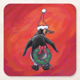 Pinguin in Weihnachtsmannmütze auf Rot Rechteckiger Pappuntersetzer