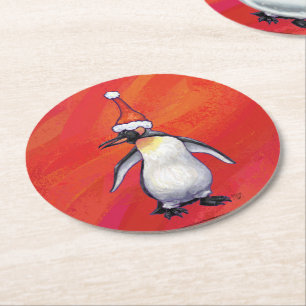 Pinguin in Weihnachtsmannmütze auf Rot Runder Pappuntersetzer
