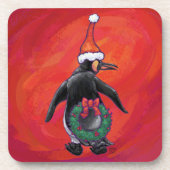 Pinguin in Weihnachtsmannmütze auf Rot Untersetzer (Vorderseite)