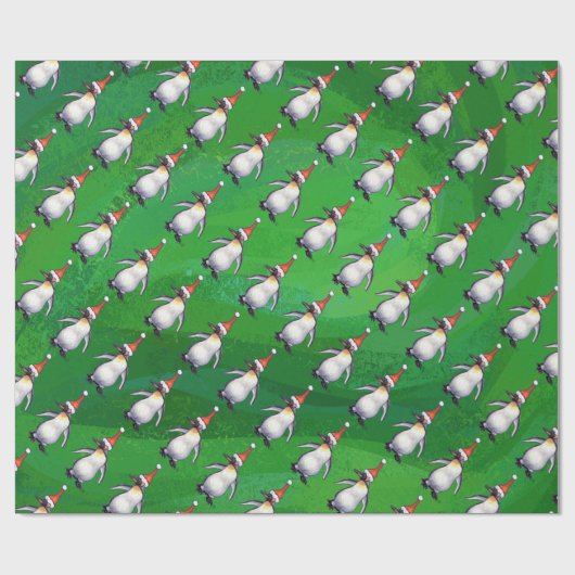 Pinguin in Weihnachtsmannmütze Pattern auf Grün Geschenkpapier (Flach)