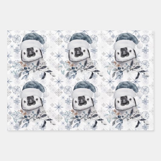 Pinguin in Weihnachtsmannmütze Schneeflocken Muste Geschenkpapier Set (Vorderseite 2)