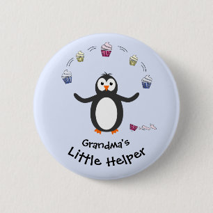 Pinguin jonglieren Kuchen kleine Helfer blau Button