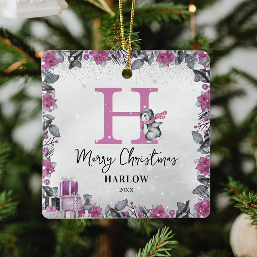 Pinguin Kids Name Monogram Weihnachten Keramikornament