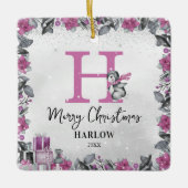 Pinguin Kids Name Monogram Weihnachten Keramikornament (Vorderseite)