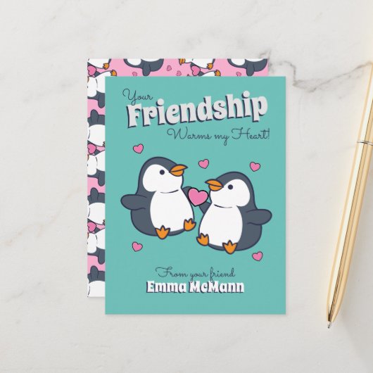 Pinguin-Klassenzimmer Valentine Niedlich Freundsch Postkarte (Vorderseite/Rückseite Beispiel)