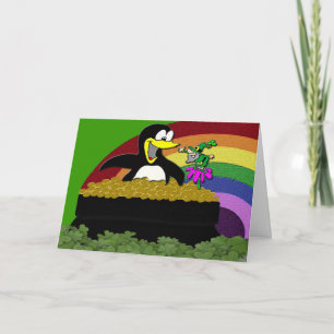 Pinguin, Leprechaun, Gold und Regenbogen Karte