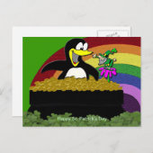 Pinguin, Leprechaun, Gold und Regenbogen Postkarte (Vorne/Hinten)