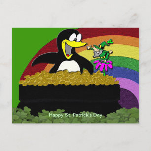 Pinguin, Leprechaun, Gold und Regenbogen Postkarte