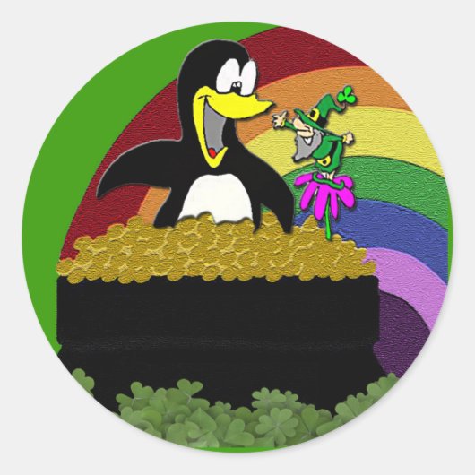 Pinguin, Leprechaun, Gold und Regenbogen Runder Aufkleber (Vorderseite)