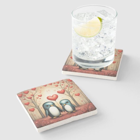 Pinguin Liebe 3 Steinuntersetzer (Seitenansicht)