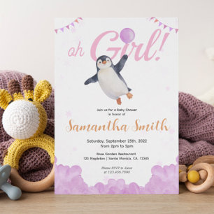 Pinguin Mädchen Rosa Ballon Wolken Himmel Baby Sho Einladung