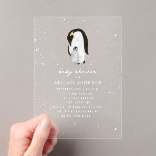 Pinguin Mama & Baby Dusche Winterschneeneutral Acryleinladungen