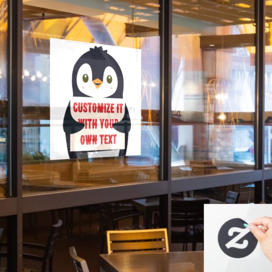Pinguin-Maskottchen hält ein Schild für benutzerde (Restaurantfenster)