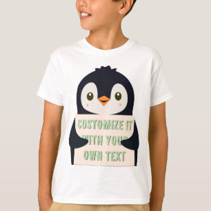 Pinguin-Maskottchen hält ein Schild für benutzerde T-Shirt