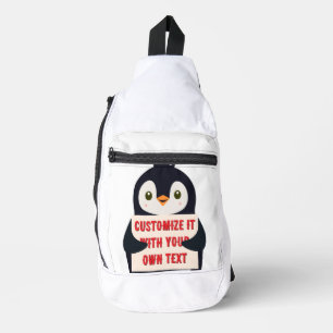 Pinguin-Maskottchen mit einem Schild für benutzerd Crossbody Bag