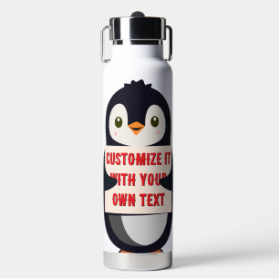 Pinguin-Maskottchen mit einem Schild für benutzerd Trinkflasche