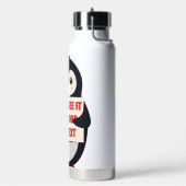 Pinguin-Maskottchen mit einem Schild für benutzerd Trinkflasche (Links)