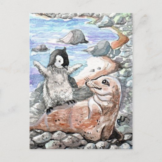 Pinguin mit Baby-Siegel Postkarte (Vorderseite)