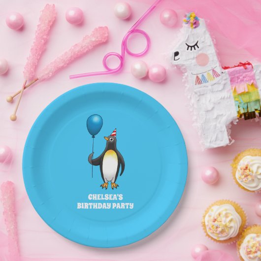Pinguin mit blauem Ballon Pappteller (Party)