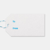 Pinguin mit blauem Ballon und Party-Hut Geschenkanhänger (Rückseite Horizontal)