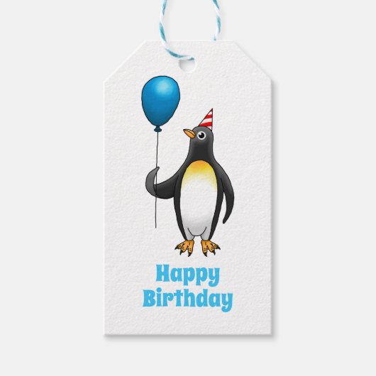Pinguin mit blauem Ballon und Party-Hut Geschenkanhänger (Vorderseite)