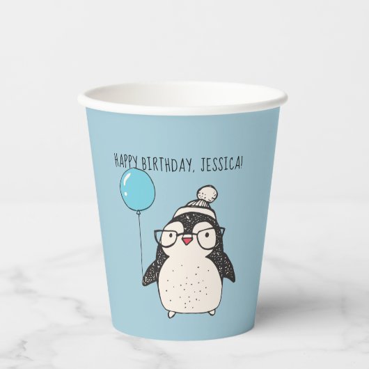 Pinguin mit einem Ballon Personalisierten Geburtst Pappbecher (Vorderseite)