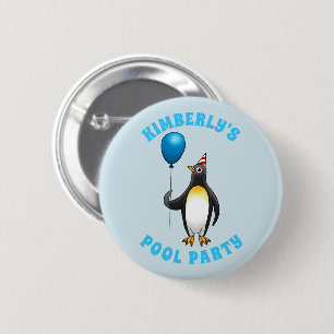 Pinguin mit einem blauen Luftballon Button