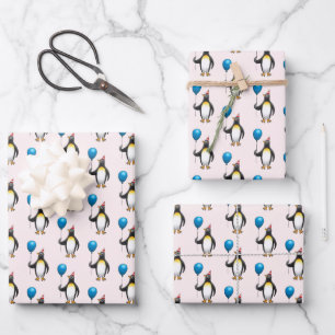 Pinguin mit einem blauen Luftballon Geschenkpapier Set