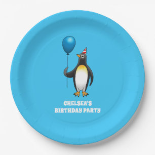 Pinguin mit einem blauen Luftballon Pappteller
