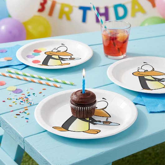 Pinguin mit einem Cupcake Lustige Tier-Papiertelle Pappteller