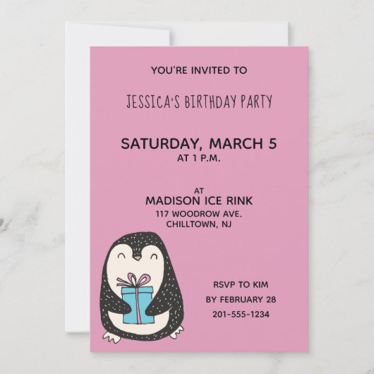 Pinguin mit einer aktuellen Personalisierten Gebur Einladung (Vorderseite)