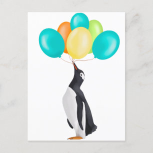 Pinguin mit farbenfrohen Luftballons Postkarte