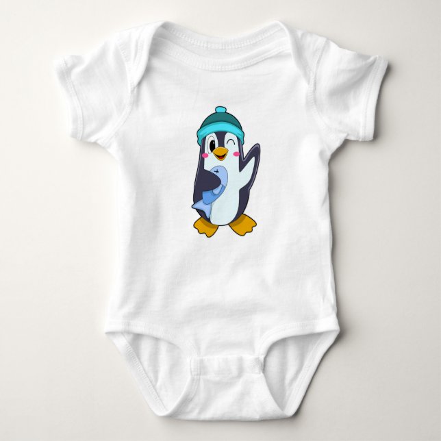Pinguin mit Fisch & Hut Baby Strampler (Vorderseite)