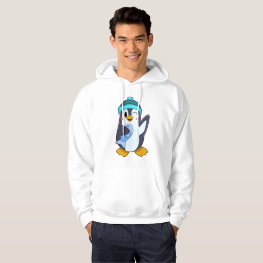 Pinguin mit Fisch & Hut Hoodie (Vorne ganz)