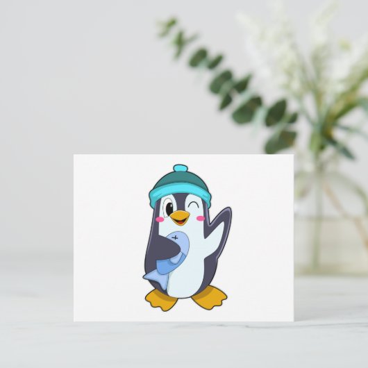 Pinguin mit Fisch & Hut Postkarte (Stehend Vorderseite)