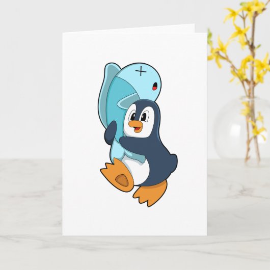 Pinguin mit Fisch Karte (Gelbe Blume)