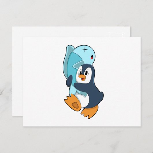 Pinguin mit Fisch Postkarte (Vorne/Hinten)