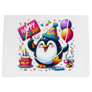 Pinguin mit "Happy Birthday" Zeichen von Natasha U Große Geschenktüte