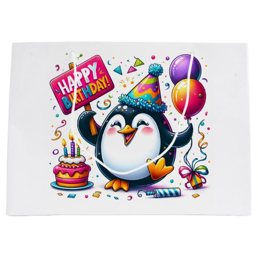 Pinguin mit "Happy Birthday" Zeichen von Natasha U Große Geschenktüte (Vorderseite)