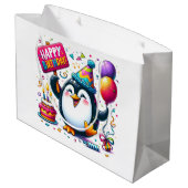 Pinguin mit "Happy Birthday" Zeichen von Natasha U Große Geschenktüte (Rückseite Schrägansicht)