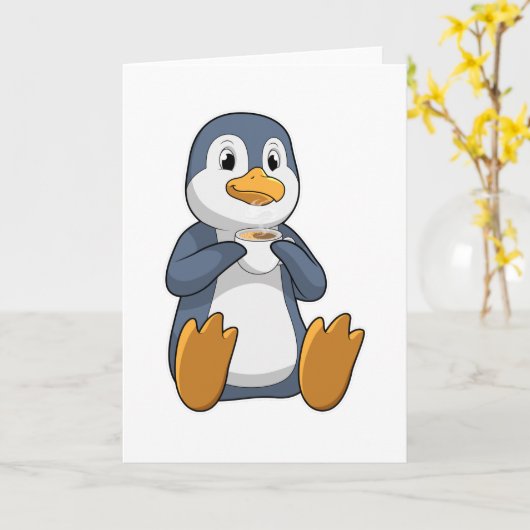 Pinguin mit Kaffee-Cup Karte (Gelbe Blume)