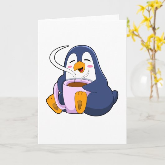 Pinguin mit Kaffee-Cup Karte (Gelbe Blume)