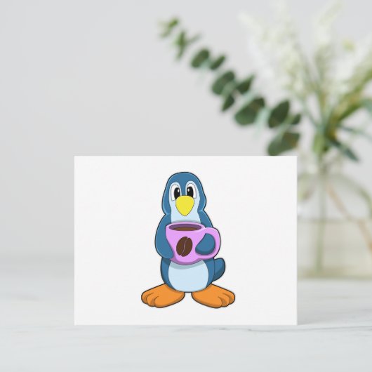 Pinguin mit Kaffee-Cup Postkarte (Stehend Vorderseite)