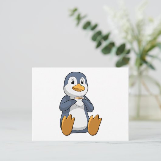 Pinguin mit Kaffee-Cup Postkarte (Stehend Vorderseite)