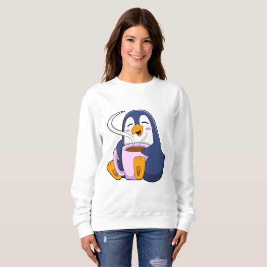 Pinguin mit Kaffee-Cup Sweatshirt (Vorne ganz)