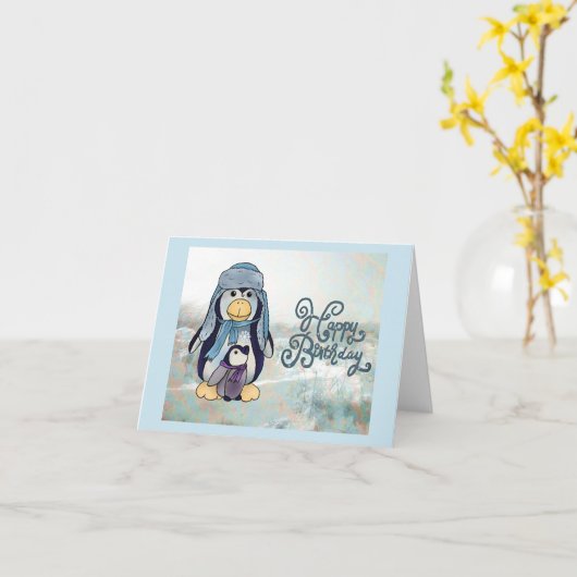 Pinguin mit Kind Karte (Gelbe Blume)