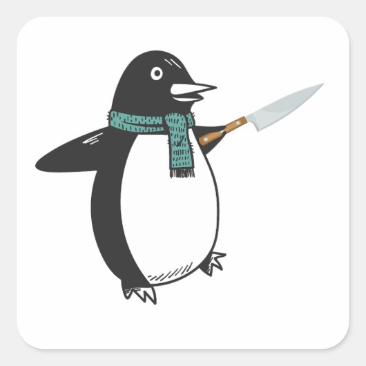 Pinguin mit Knife-T - Shirt Quadratischer Aufkleber (Vorderseite)