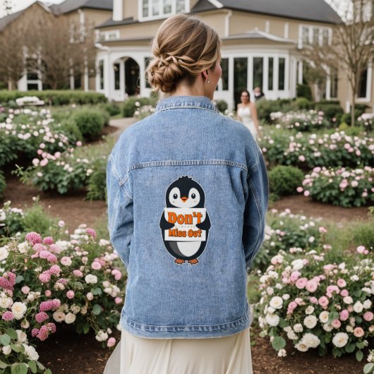 Pinguin mit Nicht Verpassen Schild Jeansjacke (Hochzeit Rückseite)