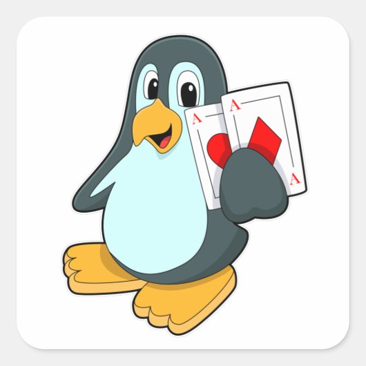 Pinguin mit Poker-Karten Quadratischer Aufkleber (Vorderseite)